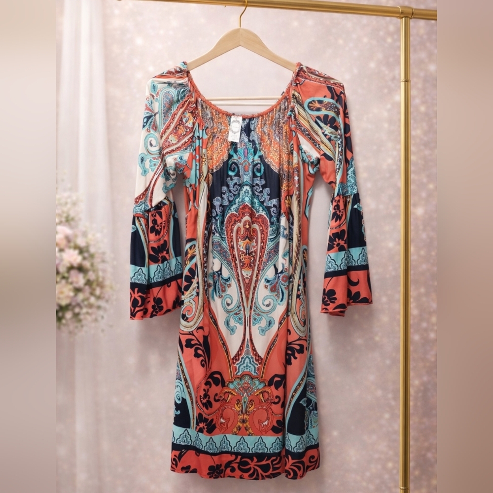 Honeyme Size Medium Coral and Blue Long Sleeve Dress